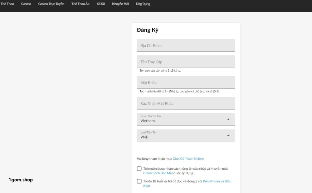Biểu mẫu đăng ký tài khoản cá cược tại 188bet