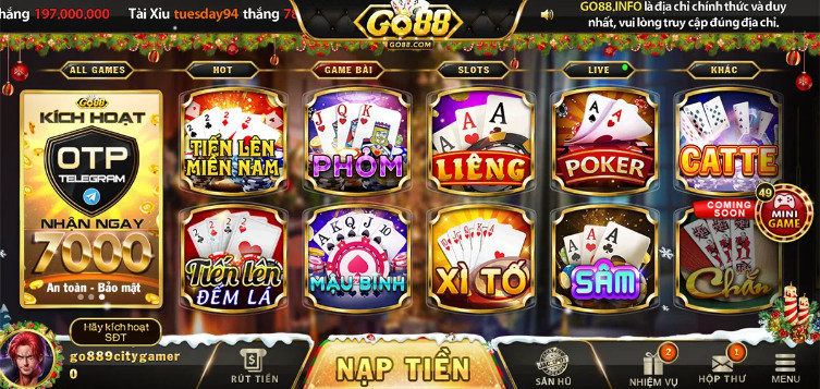 Sảnh game bài Go88 onl với nhiều trò chơi